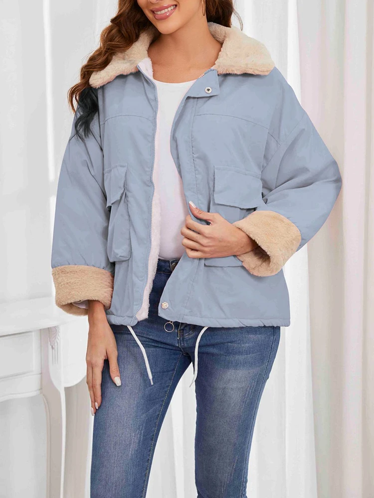 2023 New Turn Down Collar Long Sleeve Coats Casual Trendy Zipper Closure Outwears Autumn Winter Warm Thicken Comfy Lamb Jackets