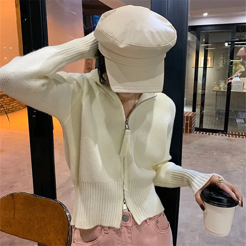 

Короткий тонкий вязаный кардиган, Женский весенне-осенний простой Однотонный свитер на молнии с капюшоном, Женское пальто