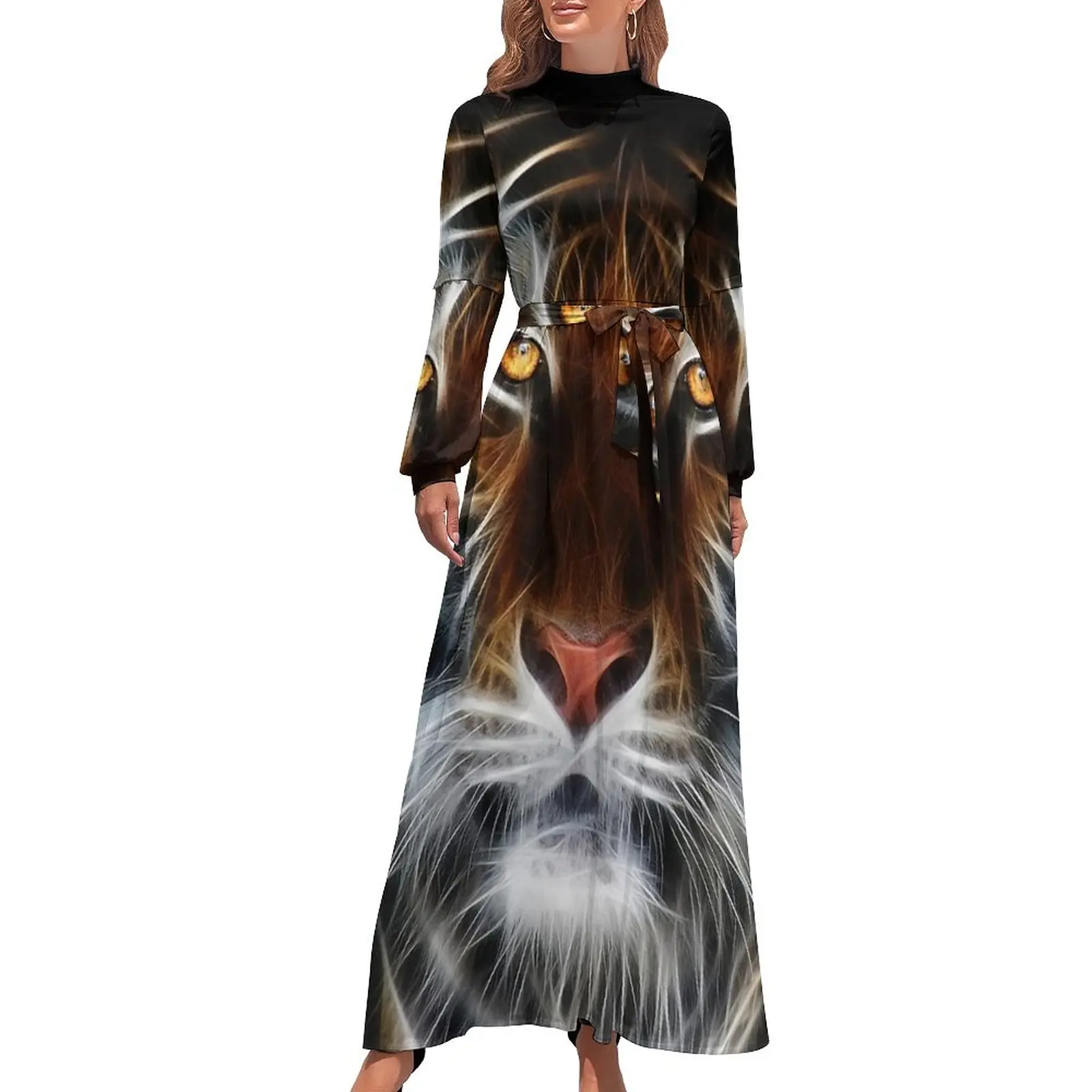 

Cool Tiger Print Dress Abstract Animal Art Cute Print Maxi Dress High Waist Long-Sleeve Stylish Bohemia Long Dresses