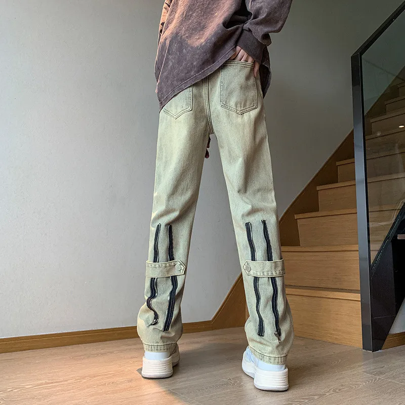 retro zip jeans men's loose straight leg casual jeans fashion denim trousers youth streetwear pantalon