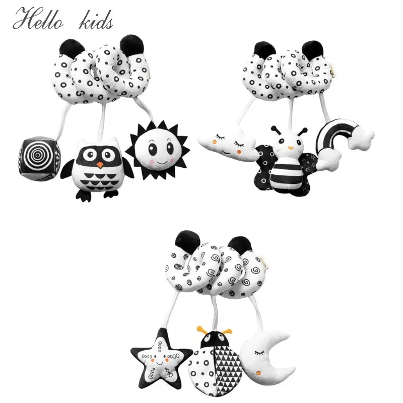 Soft Animal Bell Rattle for Baby Black & White Eye Sensing Interactive Car Seat Toy Rattle Crib Squeaker Doll