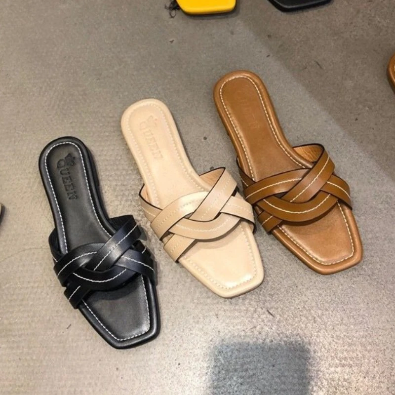

Flat Slippers for Women Fashion Designer Slides Cross Band Square Toe Summer Sandals Mules Shoes Women Flip Flop Chaussure Femme