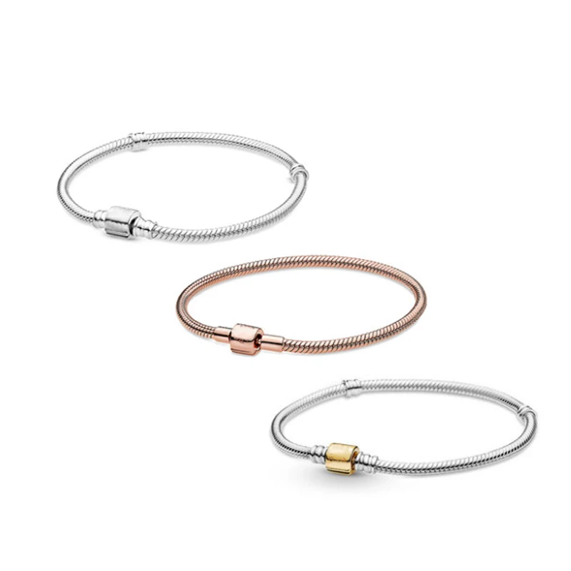 

2022 New High Quality Original 100% 925 Silver Moments Barrel Clasp Snake Chain Bracelet DIY Jewelry Accessories for Women