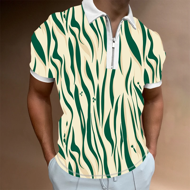 

2022 Autumn Stripe Plaid Men short sleeve Polo Shirts Streetwear Fashion Patchwork Casual Turn-down Collar Zipper Design Tops