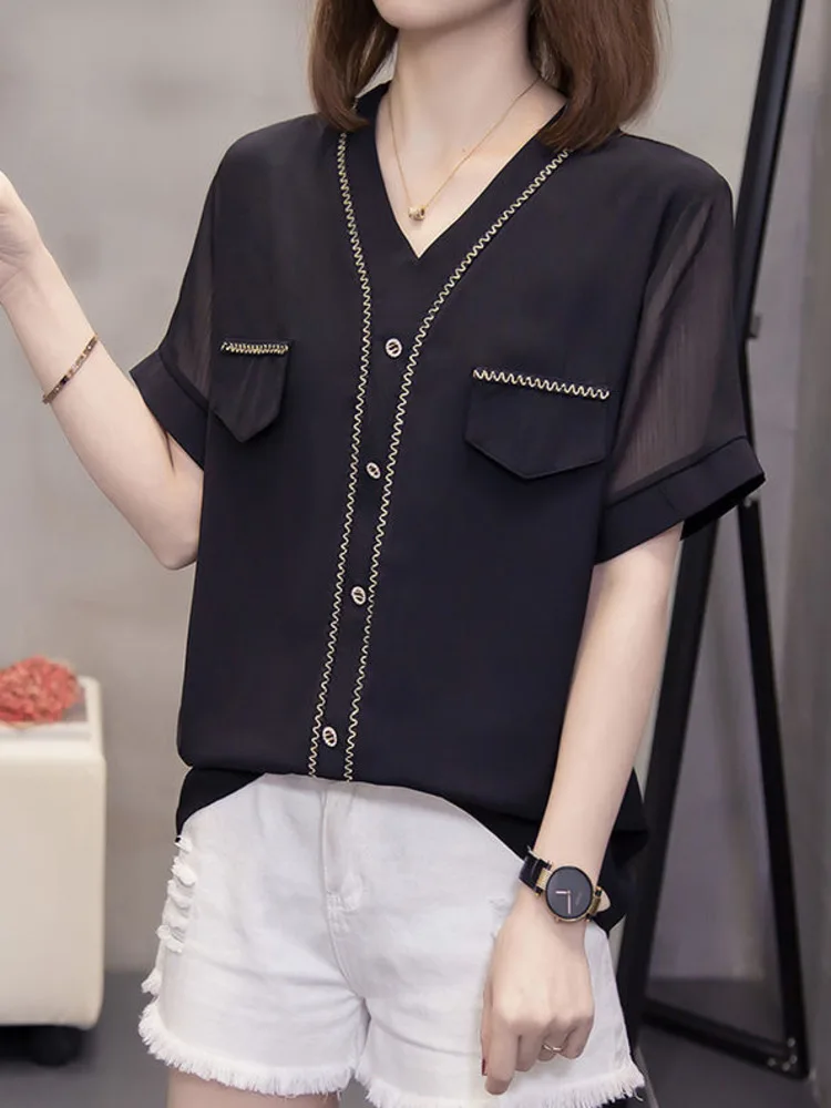 

Oversize L-4XL Chiffon Blouse Women 2022 Summer Fashion Loose Large Shirt Short Sleeve Single Breasted Tops