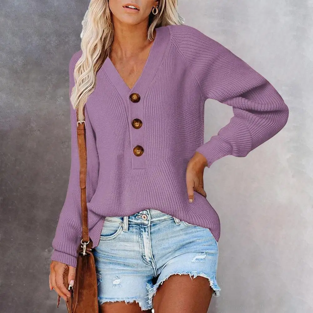 

Elegant Solid Color Knitted V Neck Half Single-breasted Autumn Sweater All Match Elastic Pullover Women Sweater for Daily Wear