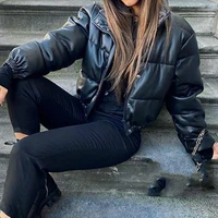 2021 winter parkas pu leather jacket ladies black short jacket women parka coat fashion streetwear solid casual outwear clothes