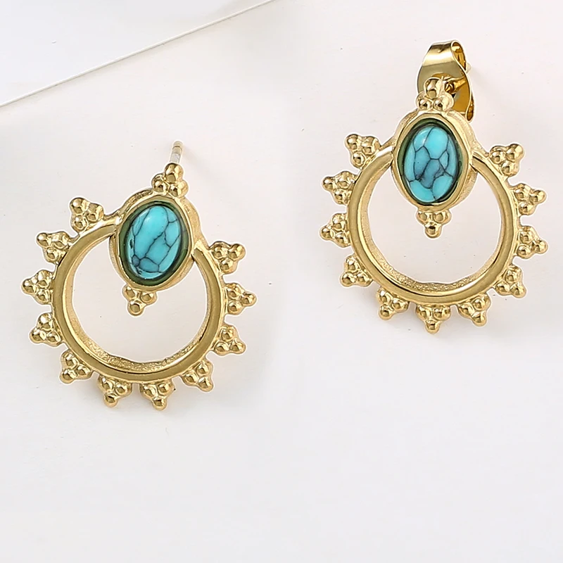 

Baroque Vintage Stud Earrings for Women Simple Blue Natural Stone Inlay Fashion Gold Stainless Steel Statement Earrings Jewelry