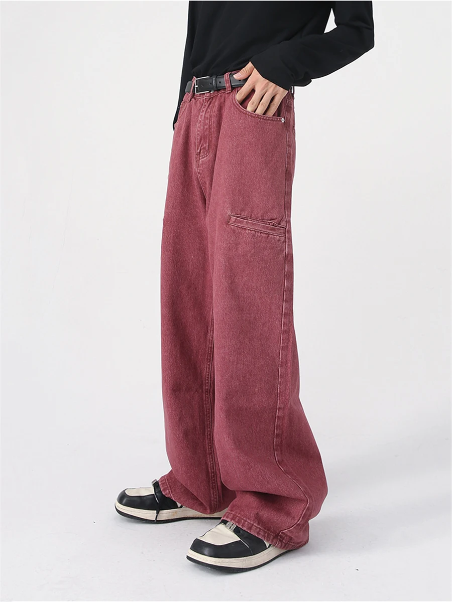 Four Seasons European and American Rumors Street Retro Trend Straight Jeans Men Loose Multi-bag Design Wide-leg Casual Trousers