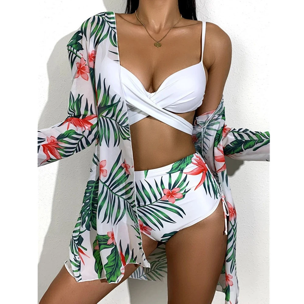 

Sexy 3 Piece Bikini Set Cover Up Swimwear Women Summer Swimsuit Print Long Sleeve Bathing Suit Beachwear Swimming Biquini 2022