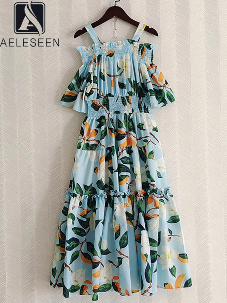 

AELESEEN Runway Summer Elegant Long Sicilian Dress Women Blue Flower Printed Off The Shoulder Short Sleeve Holiday Vacation