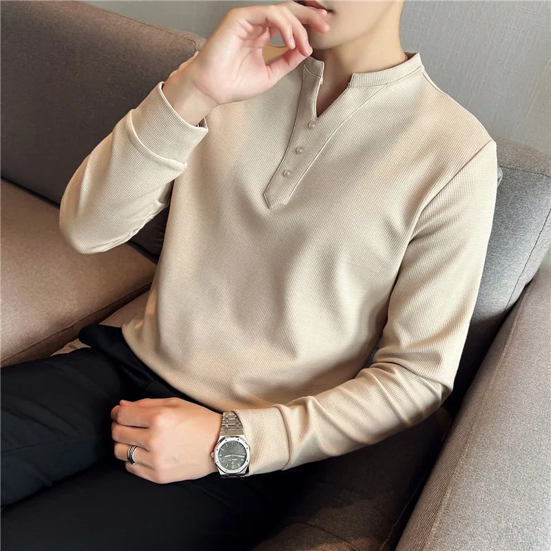 

Autumn New Solid Waffle Long Sleeve Stretched T Shirts For Men Clothing 2022 V Neck Button Decor Slim Fit Casual Tee Shirt Homme