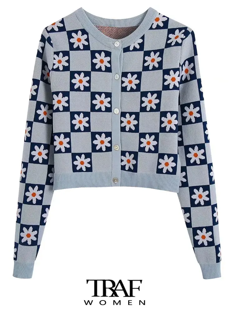 

TRAF Women Fashion Floral Jacquard Knit Cardigan Sweater Vintage Long Sleeve Button-up Female Outerwear Chic Tops