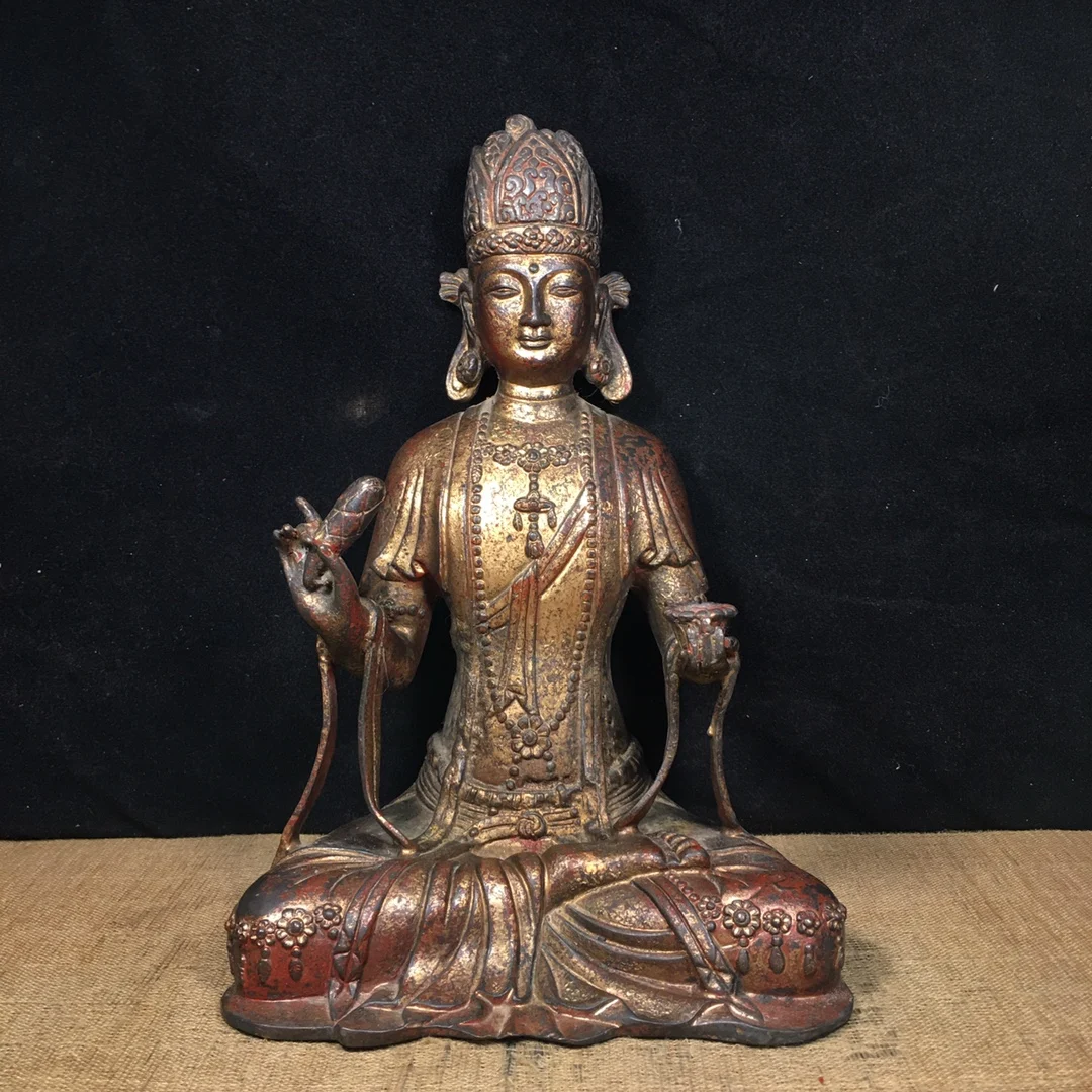 

10"Tibetan Temple Collection Old Bronze Cinnabar Mud gold Guanyin Vajra Tara Sitting Buddha worship hall Town House Exorcism