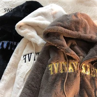 plush lamb women winter clothing vintage letter embroidery thickened sweatshirt women tops loose and lazy hoodies ladies coat
