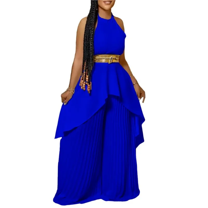 

Костюм в африканском стиле женский из 2 предметов, повседневный однотонный Асимметричный топ без рукавов, свободные брюки с широкими штанинами, одежда летнего сезона 2023