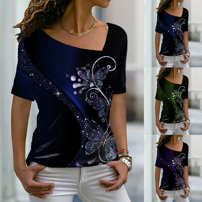 

2022 Summer Women's Abstract Cool Printed Short Sleeves V Neck Female Casual Pullover Fashion Tops Elegant T Shirts New Design