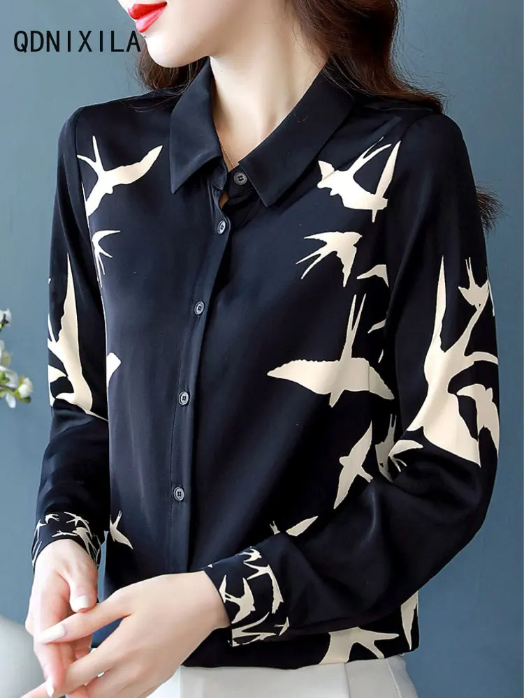 

Fashion Woman Blouse 2023 Black High Quality Women's Shirt Artistic Printing High Imitation Silk Fine Elegant Blouses for Women