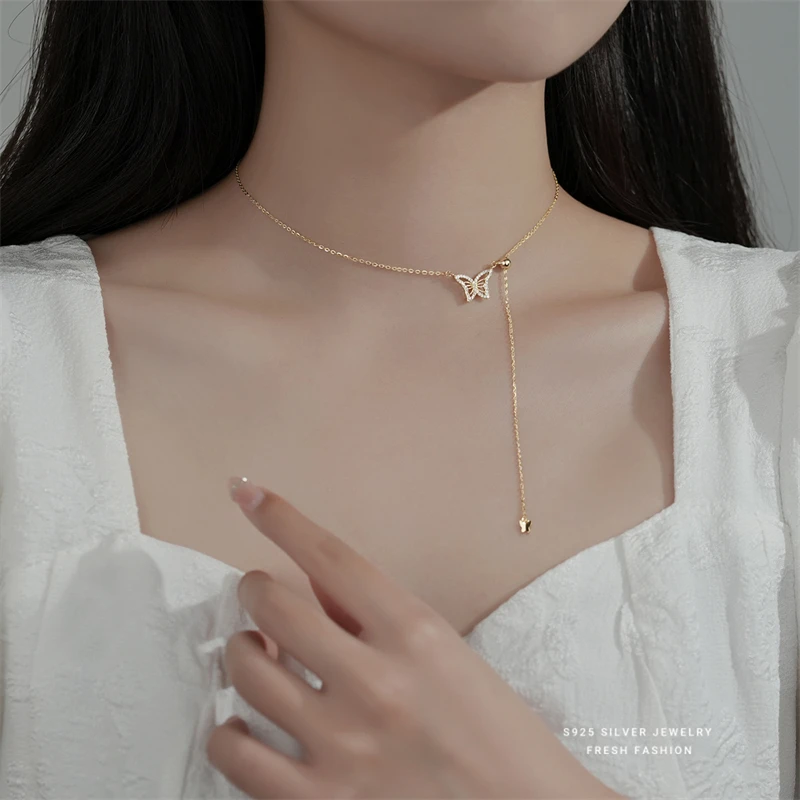 

925 Sterling Silver Sweet Butterfly Choker Necklace for Women Cute Tassel Clavicle Chain Collar Necklace Wedding Party Jewelry