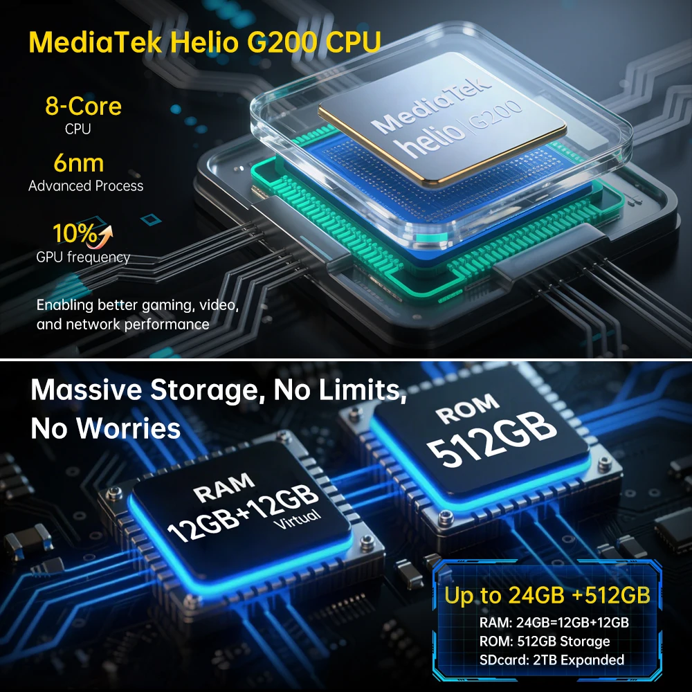 Фото Unihertz 8849 Hike Смартфон Android 14 с 200-метровым фонариком, светодиодным фонариком, 23800 мАч, 24 ГБ, 512 ГБ, двойной динамик Helio G200 IP68/IP69K 4G №3