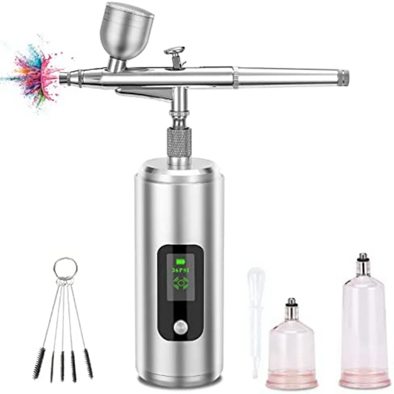 

NEW-Airbrush Kit With Compressor Portable Handheld Cordless With LCD Screen For Nail Art, Painting, Cake Decor, Cookie, Mode