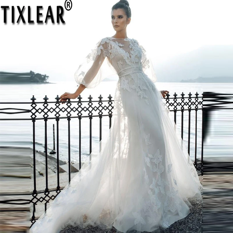 

TIXLEAR O-Neck Wedding Dress Full Sleeve A-Line Court Train Appliques فستان حفلات الزفاف vestidos novia 2023 فستان الزفاف