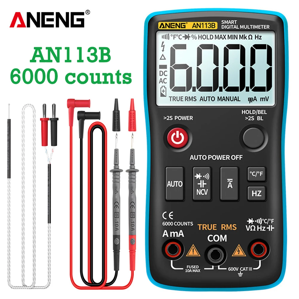 

Цифровой мультиметр ANENG AN113B, истинное среднеквадратичное значение, тестер температуры, 6000 отсчетов, автоматический выбор диапазона, измеритель напряжения и транзистора переменного/постоянного тока