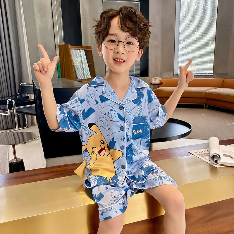 Pokemon Pikachu Anime Kawaii Ice Silk Satin Pajamas Sets Summer Short Sleeve Tops Shorts Children Boy Sleepwear New Gifts images - 6