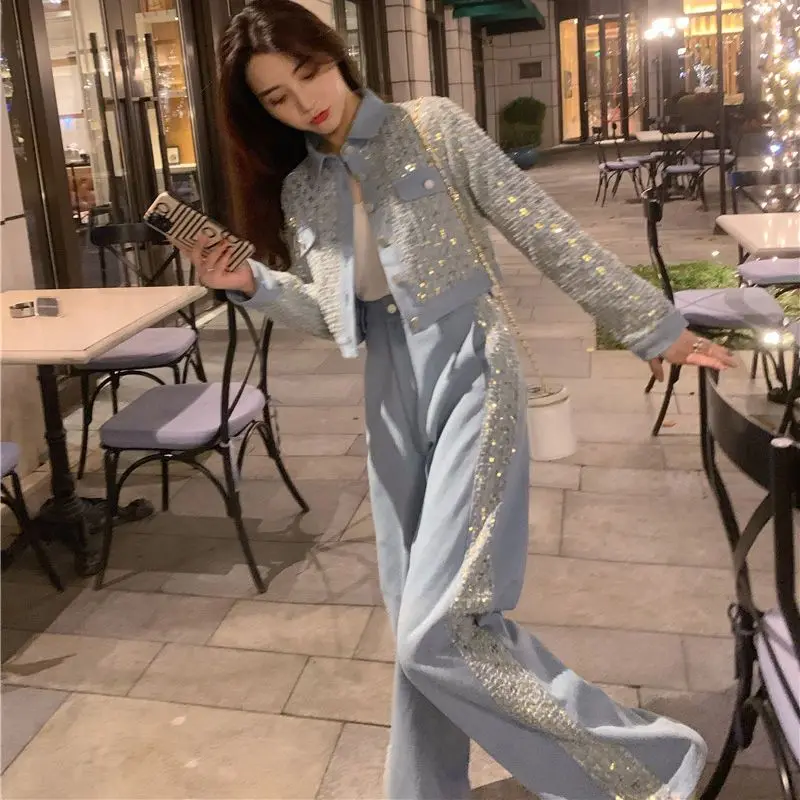 Корейский новый весенний костюм 2023 из двух предметов: джинсовая куртка с