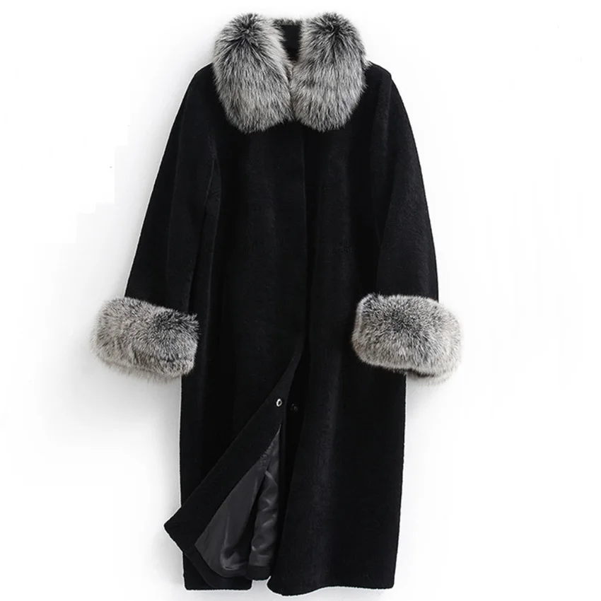 Women Autumn Winter Long Faux Fur Coat New Imitation Mink Coat Whole Mink Fur Silver Fox Fur Collar Ladies Overcoat Outwear