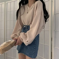 new sexy v neck lantern long sleeve knit pullover sweater women retro loose fashion short mutlicolor pull femme autumn spring