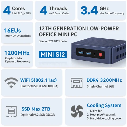Beelink S12 Pro с четырехъядерным процессором Intel N100, память DDR4 WIN11, памятью 8G/16G, твердотельный накопитель 256G/500G, RJ45 Wi-Fi5, настольный мини-игровой/офисный ПК
