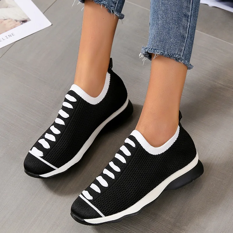 

Женские кроссовки с круглым носком, лоферы, дышащая сетчатая прогулочная обувь, Вулканизированная подошва, Повседневные Легкие, черные, раз...