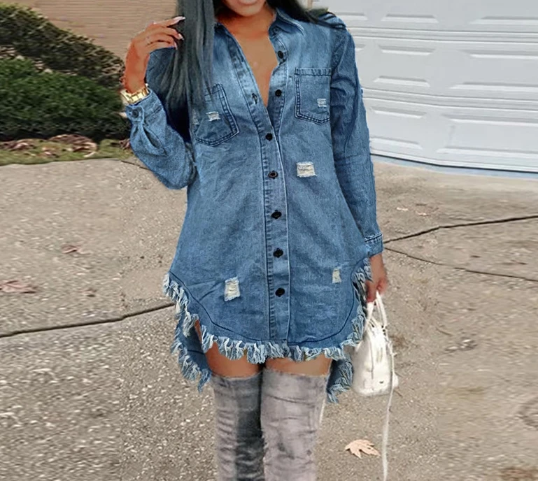 

Elegant Denim Long Shirts Top for Women Autumn New Fashion Casual Ground White Front Short Back Long Irregular Raw Edge Shirt