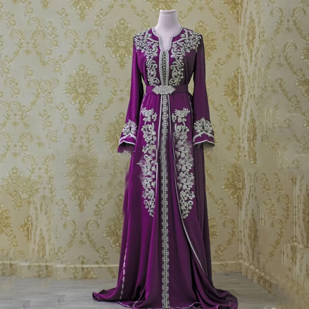 

Purple Belt Evening Dress For Women V-Neck Front Split Full Sleeves Party Gown Satin A-Line Sweep Train Applique Robes De Soirée