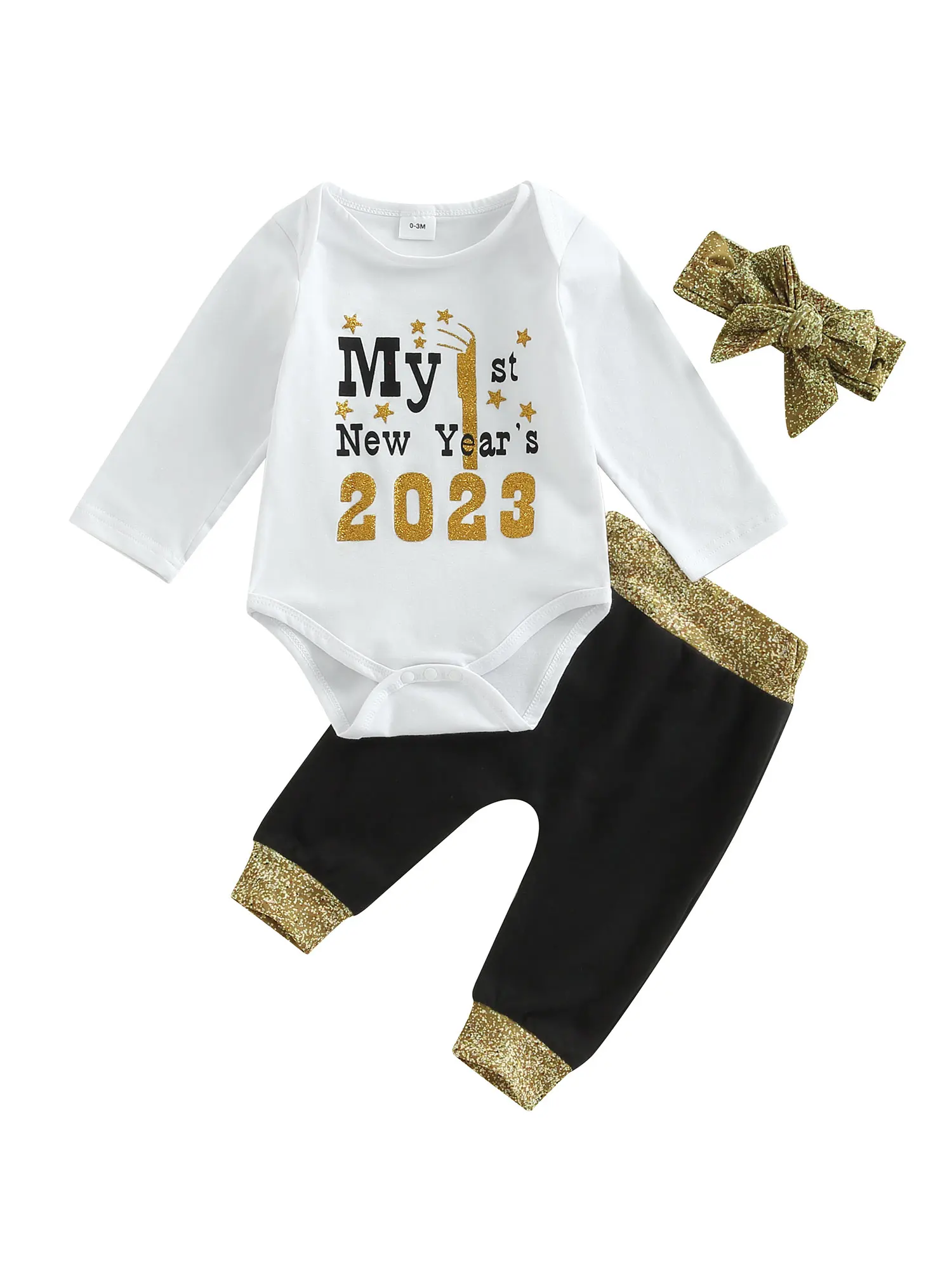

Newborn Infant Baby Boy Girls Fall Outfit Sets Long Sleeve My 1st New Year Romper Pants Headband