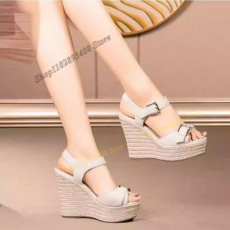 

Beige Weave Wedges Heel Platform Sandals Peep Toe Buckle Strap Women Shoes Big Size 2023 Summer Fashion Sexy Zapatos Para Mujere