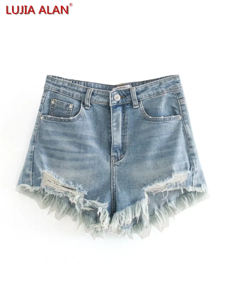 

Fashion Women 3 Colors Tassels Design Denim Bermuda Shorts Summer Female High Waist Clothes Streetwear LUJIA ALAN P3035
