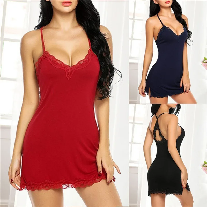 

New Women Fashion Soft Sleepwear Lace V-Neck Sling Mini Dress Solid Color Sexy Dress Plus Size Night Dress