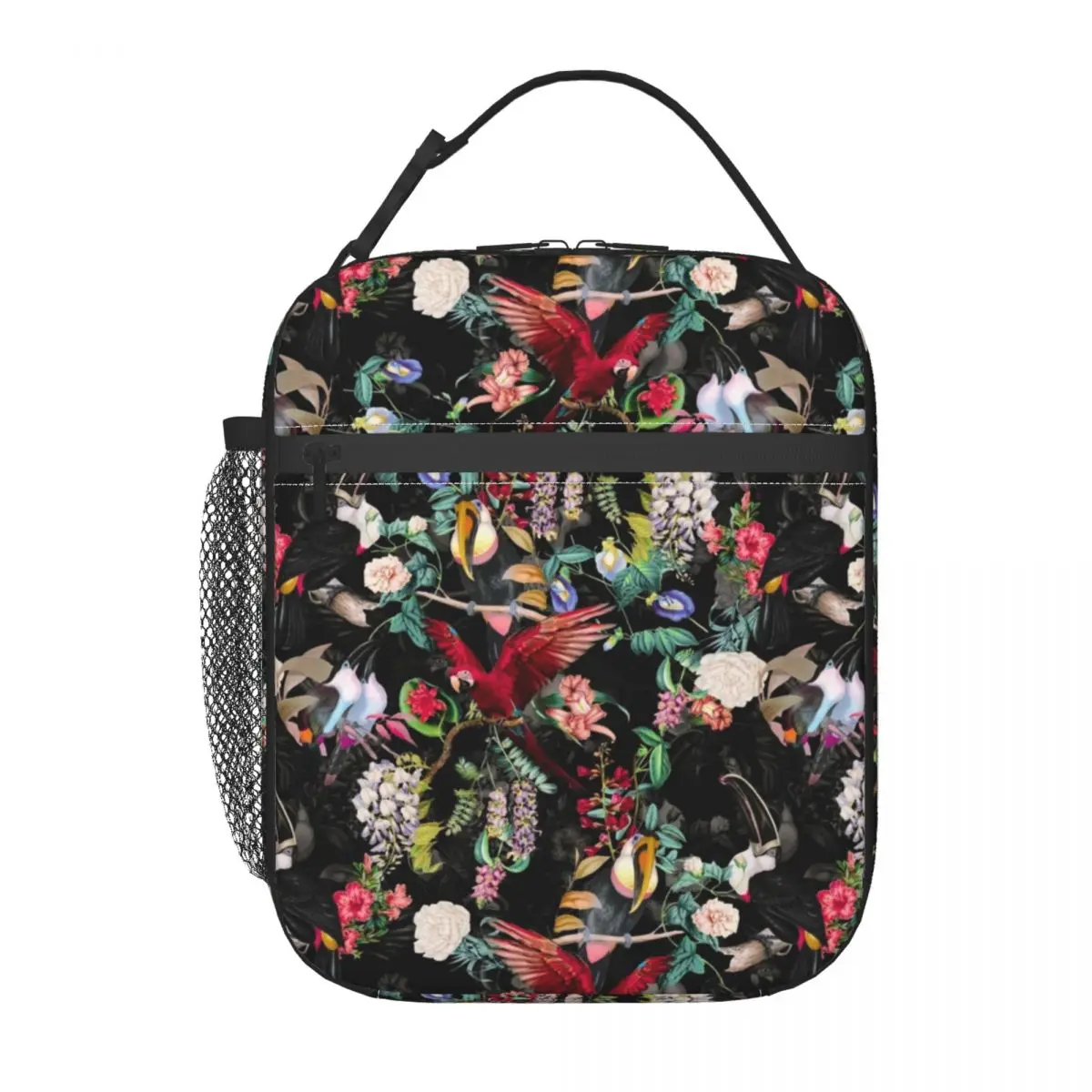 

Red Parrot Lunch Bag with Handle Tropical Floral Print Travel Mesh Pocket Cooler Bag Zipper Food Cool Thermal Bag