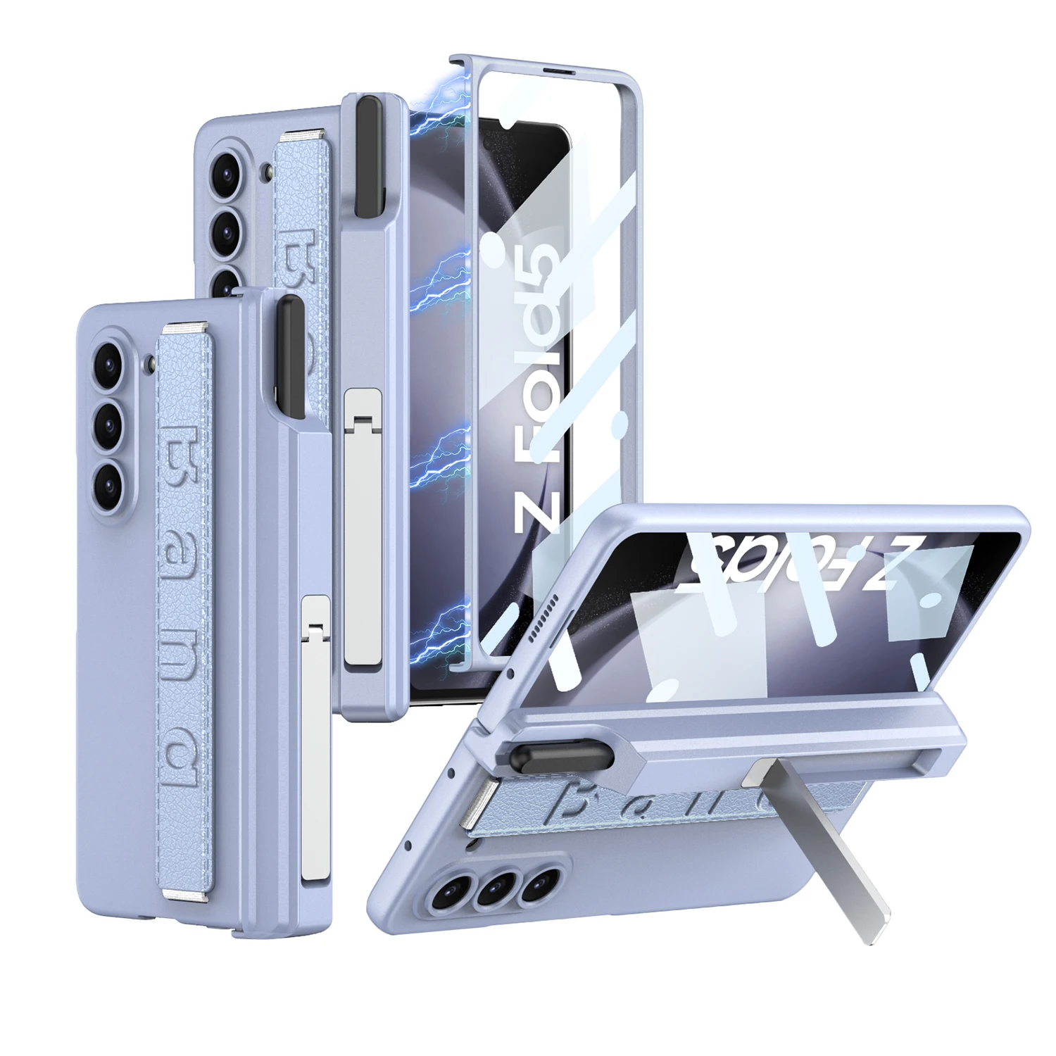 For Samsung Galaxy Z Fold 5 Case Skin Friendly Matte Wristband Magnetic Hinge Pen Holder Wrist Strap With Tempered Film Cover