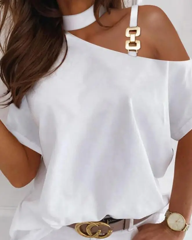 

Tops for Women 2023 Summer Fashion Metal Decor Cold Shoulder Top Casual Short Sleeve Lady Tee All-Match OOTD T-Shirt