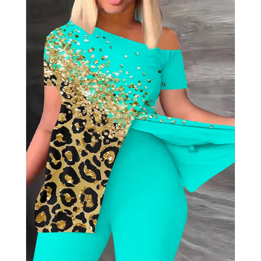 Casual Summer Women Contrast Leopard Print Skew Neck Slit Top & Pants Set Female Short Sleeve 2 piece Suit Sets New IN Outfits