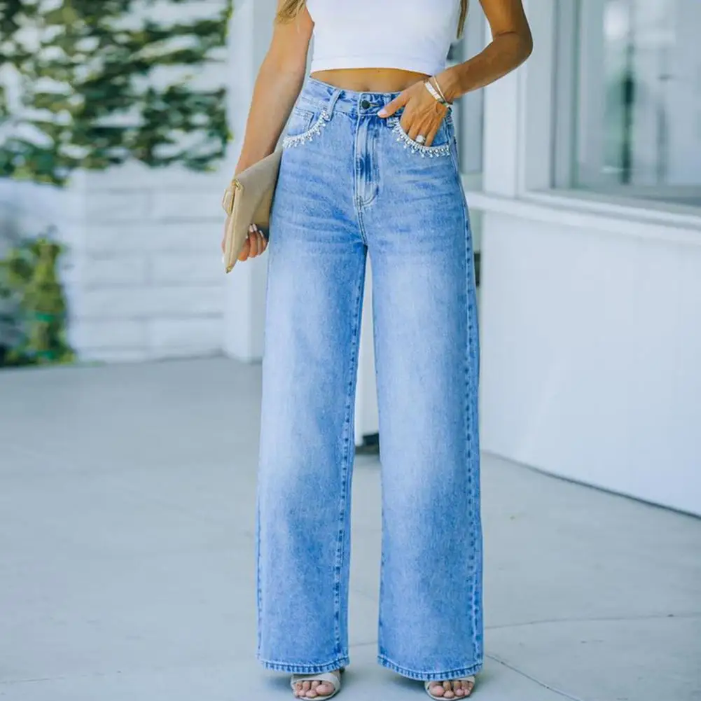 

Button Zipper Fly Shrink-resistant Workwear Retro Full Length Straight Wide Leg Loose Jeans Denim Pants Streetwear