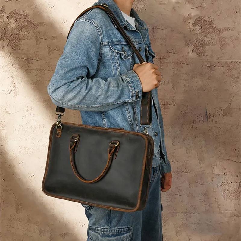 Vintage Cow Leather Men's Briefcase With Zipper Horizontal Handbag Laptop Computer Bag High Capacity Man Shoulder Messenger Bag