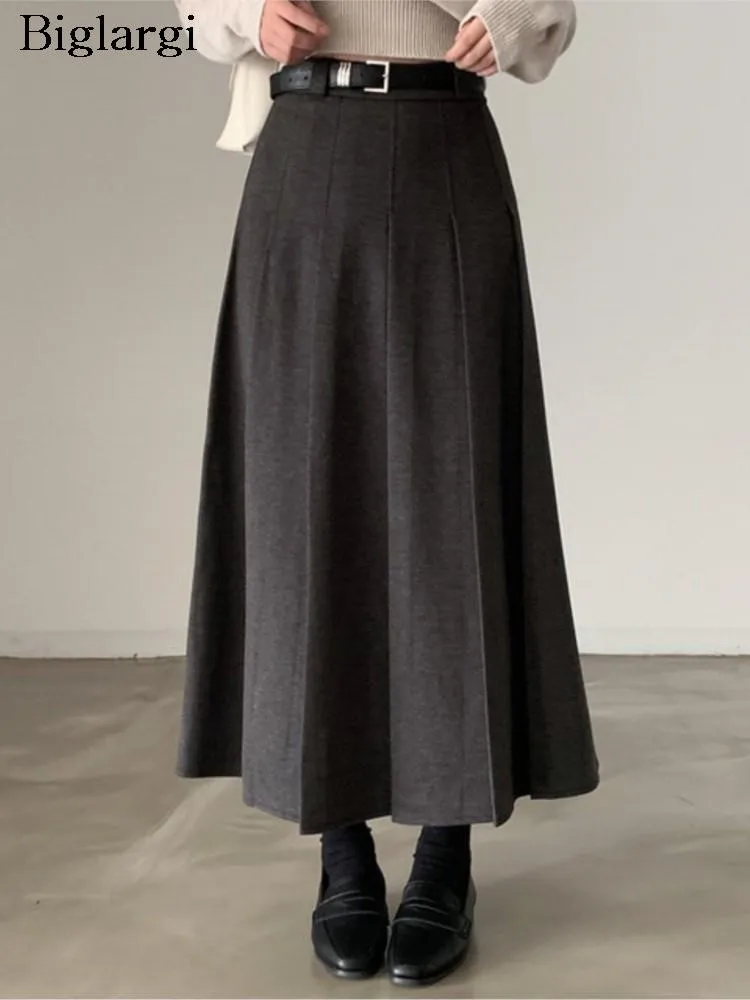 

Autumn Winter New Long A-Line Skirt Women Ruffle Pleated Fashion Korean Style Ladies Skirts Loose High Waist Woman Skirt 2023