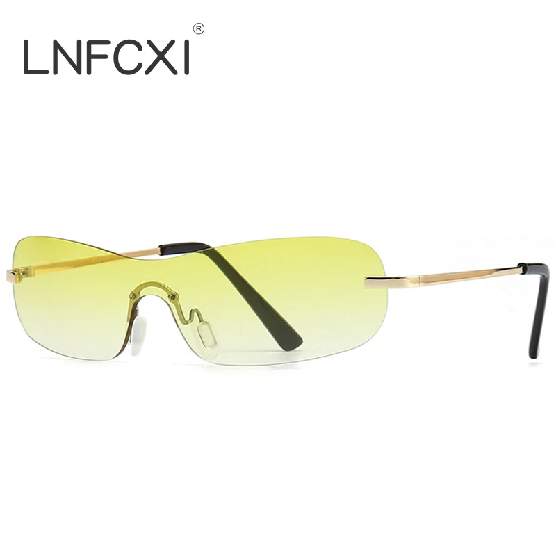 

LNFCXI New One Piece Sunglasses Women Fashion Rimless Clear Ocean Yellow Tea Gradient Lens Shades UV400 Men Sun Glasses