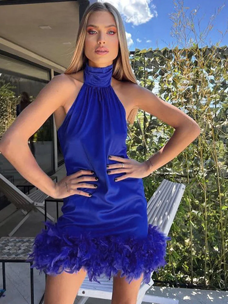 

Женское ТРАПЕЦИЕВИДНОЕ мини-платье с перьями, элегантное винтажное платье без рукавов с воротником хомутиком и пэчворком, одежда для вечер...