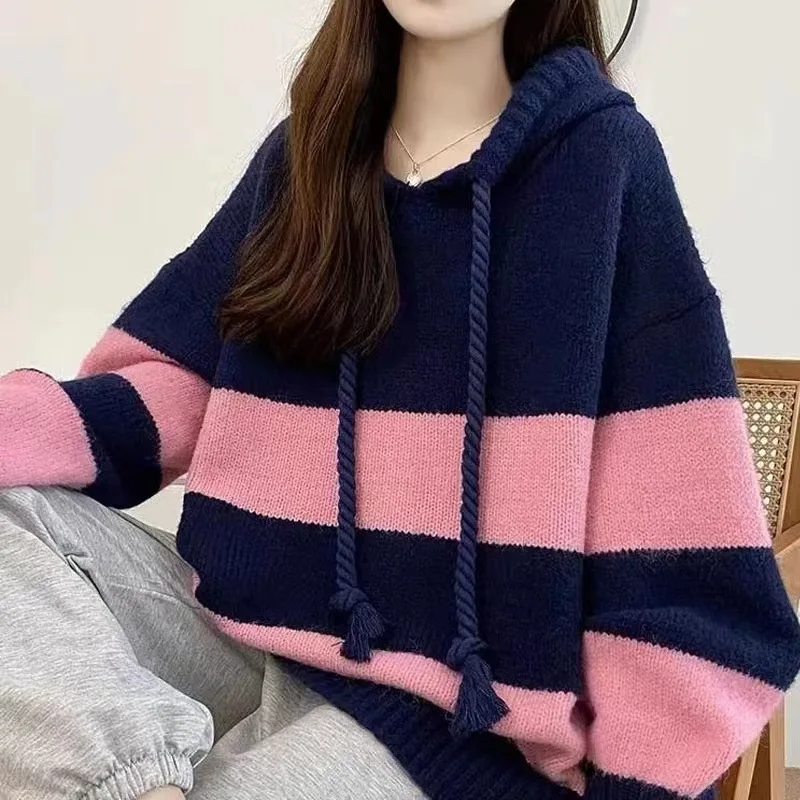

Korean version of loose striped lazy wind hooded sweater women's 2023 autumn and winter new foreign style age-reducing Hong Kong