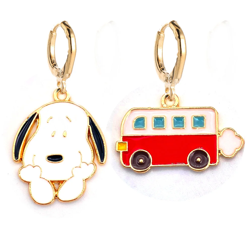 

New Asymmetrical Dog Bone Earrings for Women Alloy Color Oil Cartoon Dog Bus Drop Earring Jewelry Valentine's Day Gifts